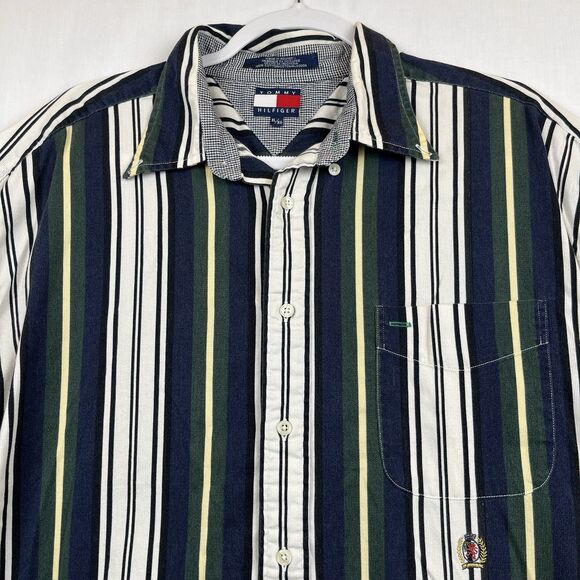 Vintage 90s Tommy Hilfiger Men's Shirt XL SS Button Up Crest Stripes Preppy Logo - Picture 11 of 12